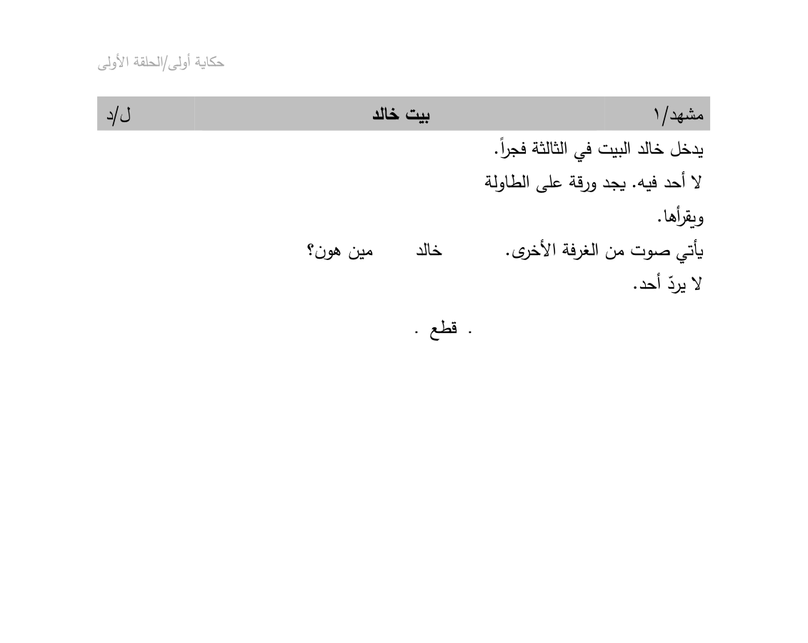 أعلى الصفحة الأولى من ملف Word المصدَّر: ترويسة، وجدول الدراما العربية بثلاثة أعمدة وسطر مشهد رمادي.